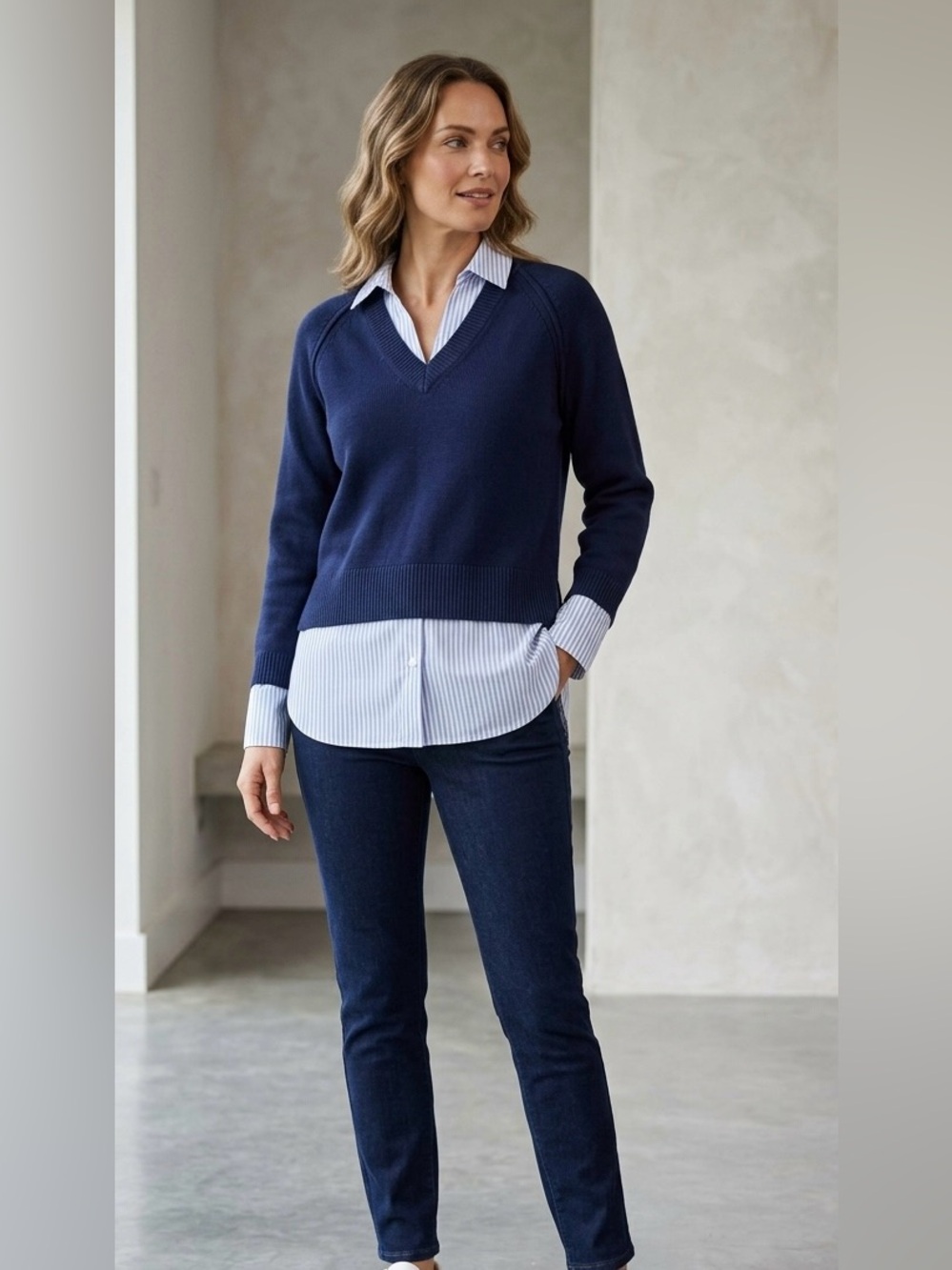 Elan Stevie Layered V-Neck Sweater Striped Shirt Combo Navy Medium